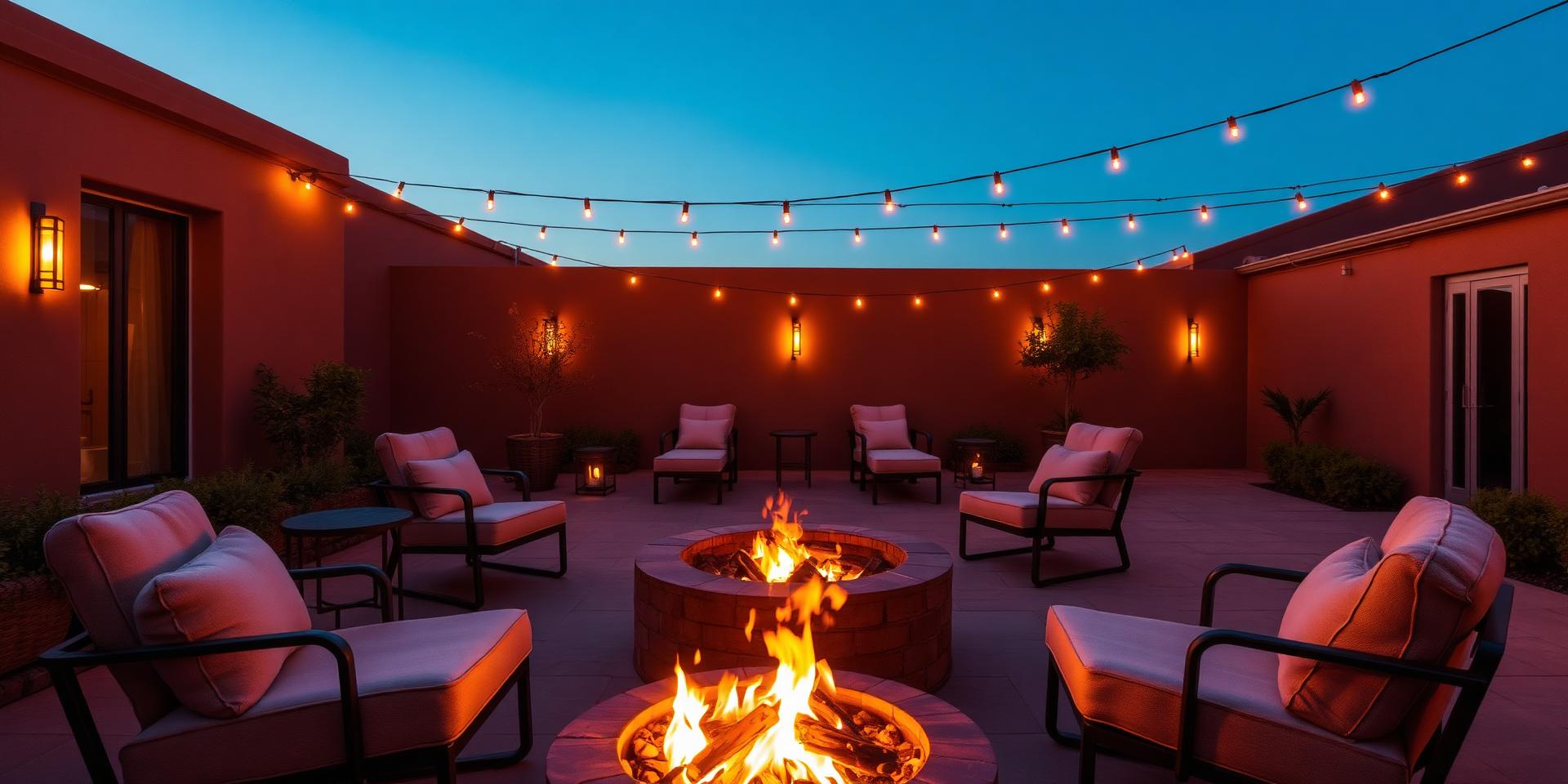A boutique hotel courtyard firepit at dusk, lounge chairs and string lights glowing