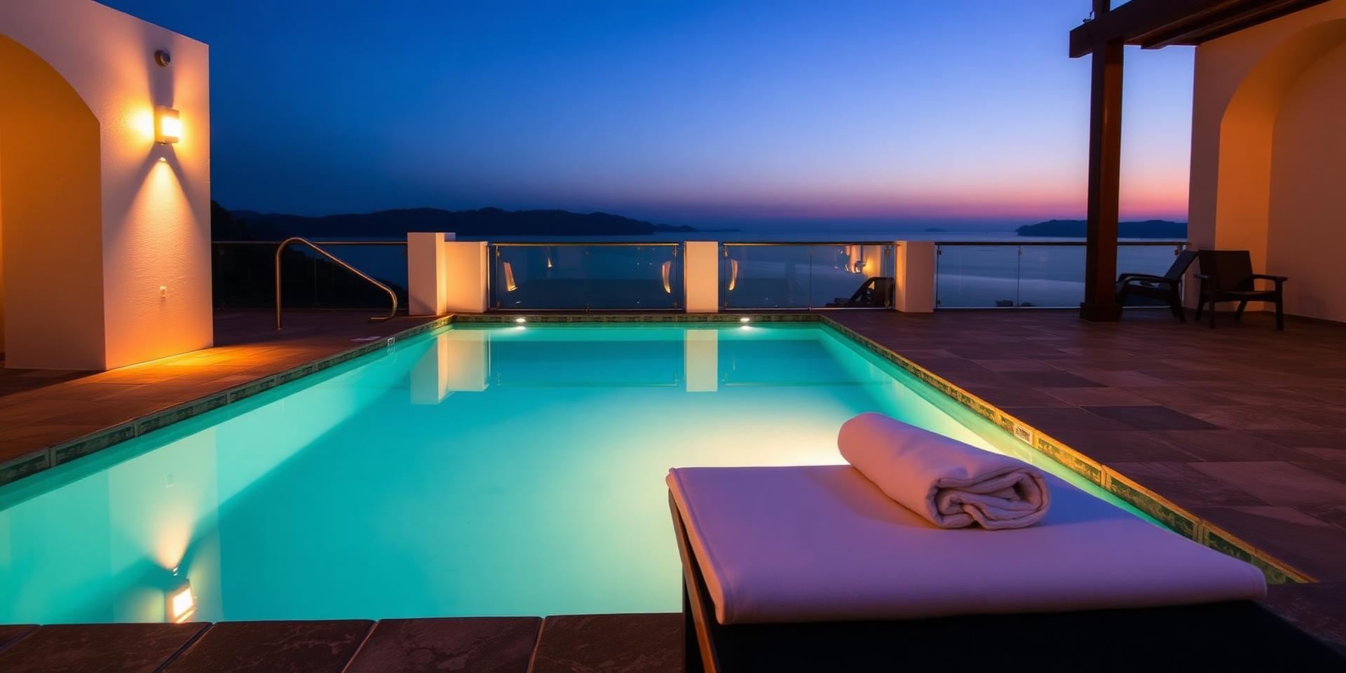 A small hotel pool glowing warm against a deep blue dusk sky