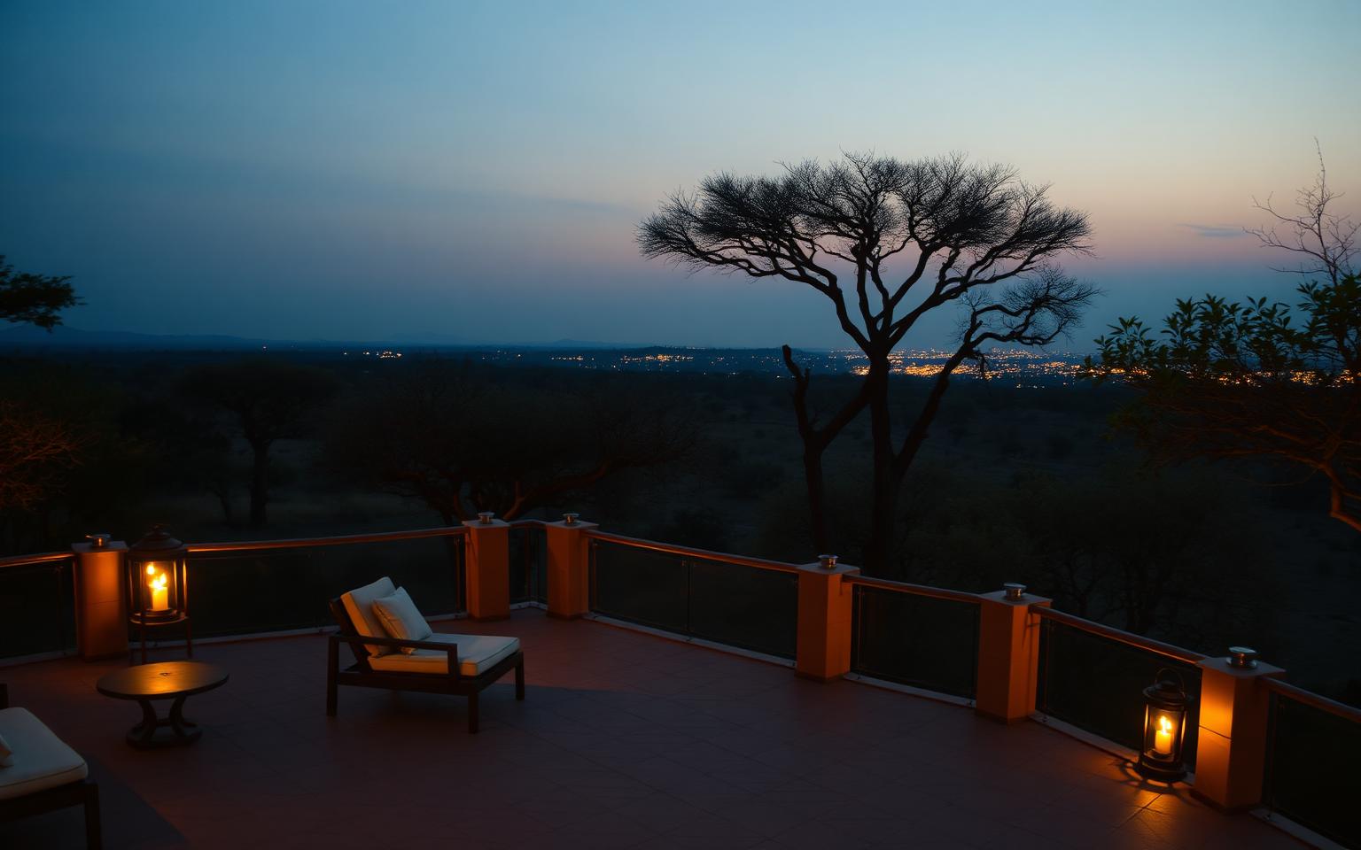 An African lodge terrace at dusk, lanterns glowing above a distant city skyline