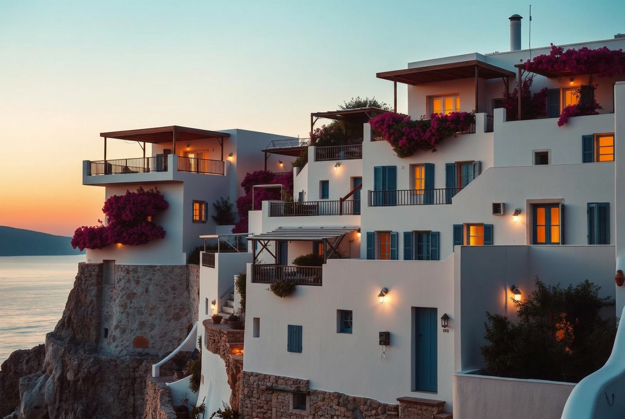 A white-washed Mediterranean boutique hotel on a Southern European coastline at golden hour
